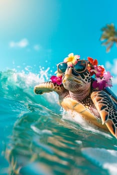 a turtle with glasses swims on the surf. selective focus. animal.