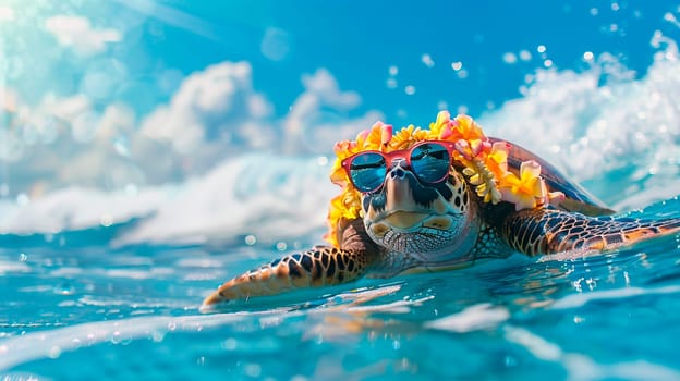 a turtle with glasses swims on the surf. selective focus. animal.