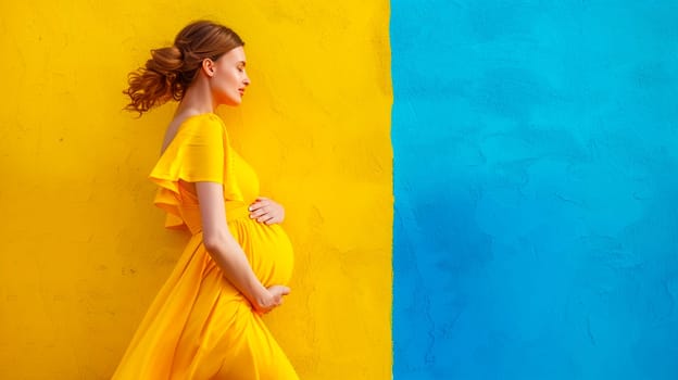 pregnant woman against the background of the Ukrainian flag. selective focus. people.
