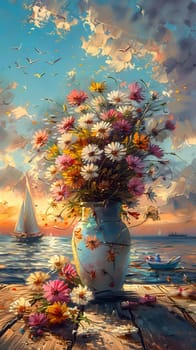 A beautiful flower vase is placed on a wooden table overlooking the ocean, creating a happy and serene natural landscape. The sky is a perfect backdrop for this artistic painting