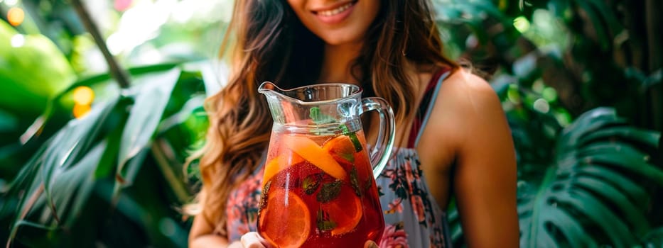woman holding a jug of sangria in the garden. selective focus. drink.