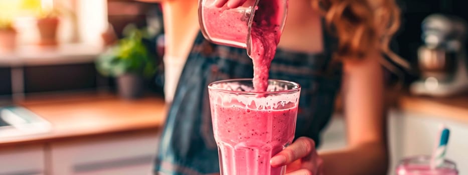 woman making berry smoothie in the kitchen. selective focus. people.