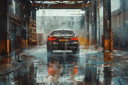 A car running through an automatic car wash with brushes and water hitting the vehicle. High quality photo