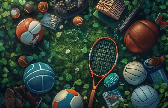 Sport games background - basketball, soccer ball, rackets, sneakers - copy space. High quality photo