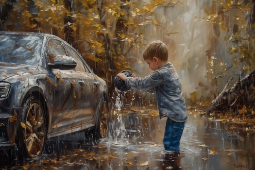 Closeup side view of a young boy washing car with sponge. High quality photo