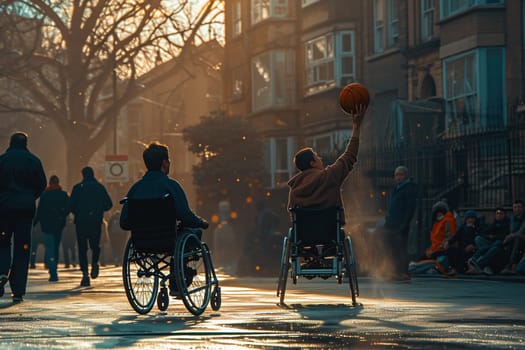 Happy basketball player with disability uses wheelchair while playing on outdoor sports court. . High quality photo