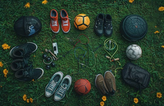 Sport games background - basketball, soccer ball, rackets, sneakers - copy space. High quality photo