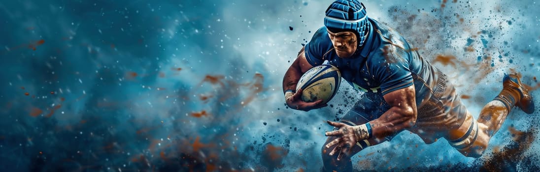 Man rugby player holds ball on dark background. Sports banner. Horizontal copy space background. High quality photo
