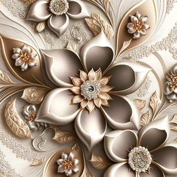 A beautiful wallpaper of golden and silver diamond flowers on silk background. A illustration created with generative AI.