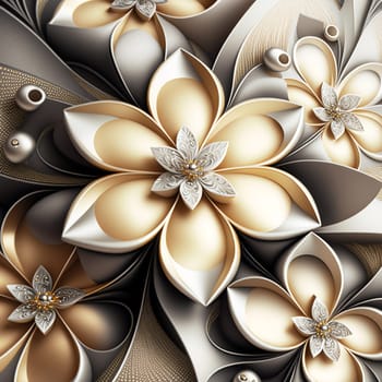 A beautiful wallpaper of golden and silver diamond flowers on silk background. A illustration created with generative AI.