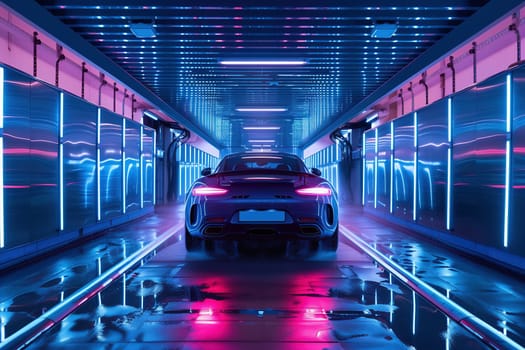 A beautiful neon city with futuristic lighting. Set in a vibrant colourful Cyberpunk destination, this modern town contains buildings, exterior architecture in flourescent popping colour, and more. High quality photo