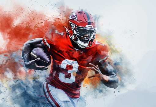 Drawing of an NFL player with a ball and a helmet on a colored background. For your design. High quality photo