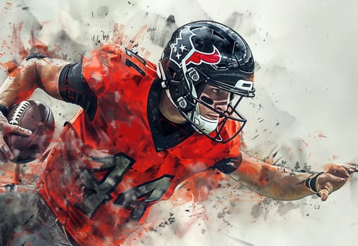 Drawing of an NFL player with a ball and a helmet on a colored background. For your design. High quality photo