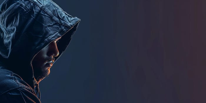 Portrait of hooded thief or burglar on left side isolated on the dark blue and black background with copy space