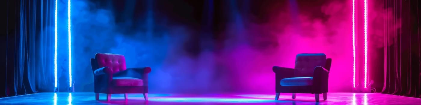 Close up of a two chairs isolated on blue and pink neon and smoky light background