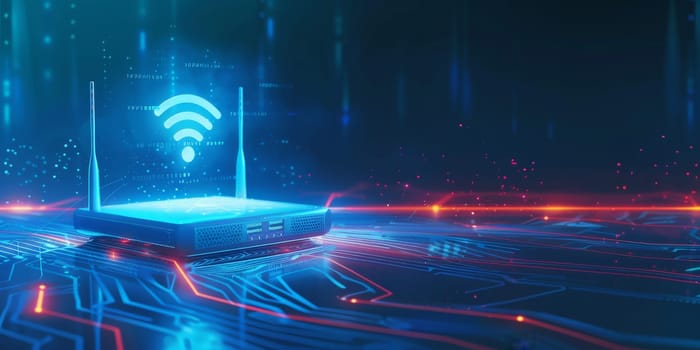 icon wifi over the router on the left side on the blue abstract glowing background --ar 2:1 Job ID: d365b460-d60f-4629-b36c-f3cbf4b47d21