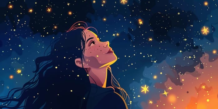 Gazing the stars, young woman looking to the night sky and stars