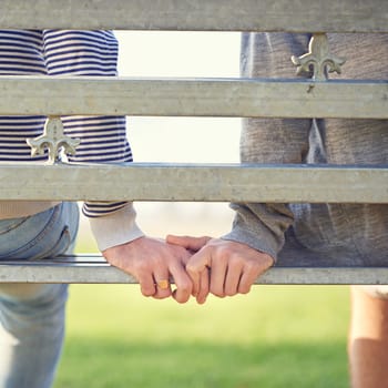 Love, holding and hands for couple people, closeup and marriage on bench in park. Affection, hold and support or trust from partner in nature, relationship and partnership on holiday or honeymoon.