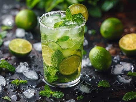 Refreshing summer alcoholic cocktail mojito with ice, fresh mint and lime.