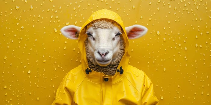 Sheep wearing an yellow raincoat isolated on yellow background