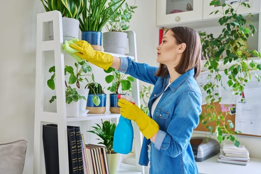 Young woman doing house cleaning, wiping dust, wearing gloves with cleaning detergent agent spray rag in room interior. Routine home cleaning, cleanliness housework housekeeping household lifestyle