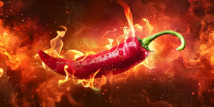 Chilli pepper with fiery coat isolated on a molten fire background, food concept