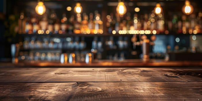 Empty wooden table top with blur background of bar, drinking concept