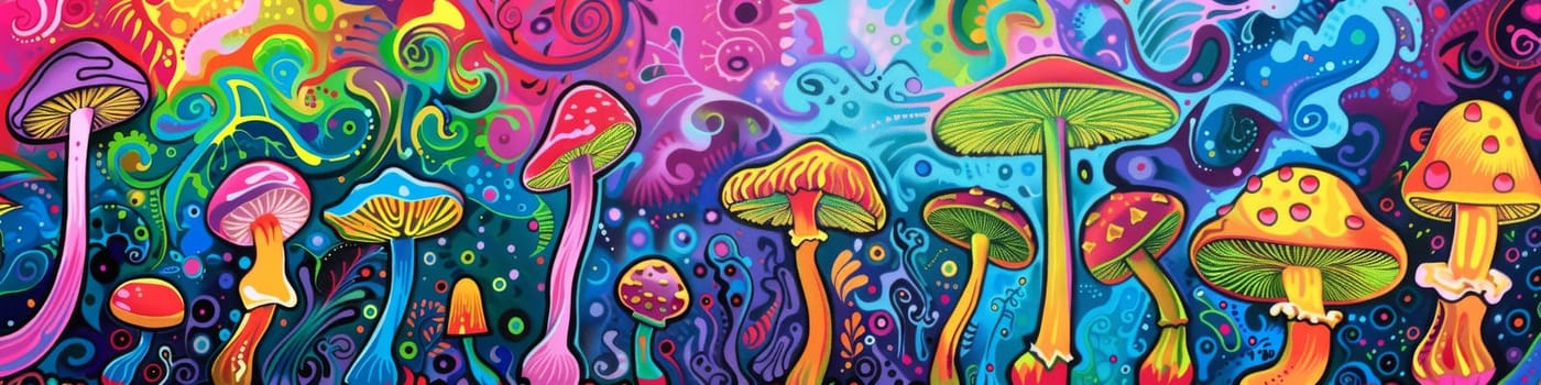 Colorful mushroom designs on psychedelic and colorful background