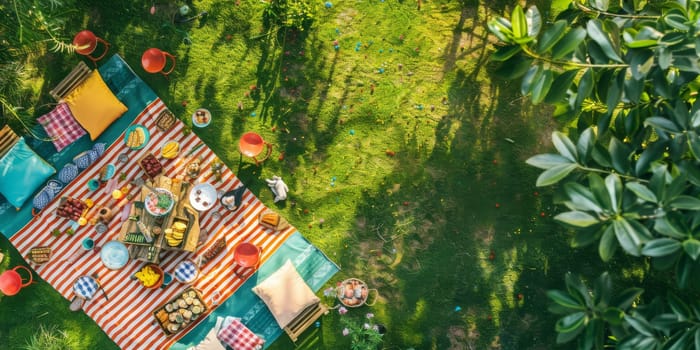 Top view to a picnic party with lot of kind of food, fruit, vegetable, toasts and drinks, summer enjoying concept
