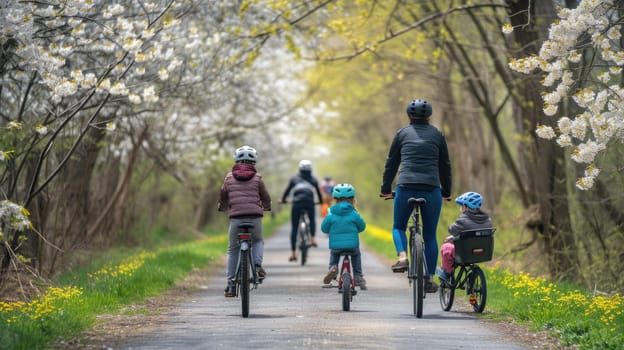 A group of people enjoy cycling on their bicycles through a beautiful natural landscape, surrounded by trees, grass, and plants. AIG41