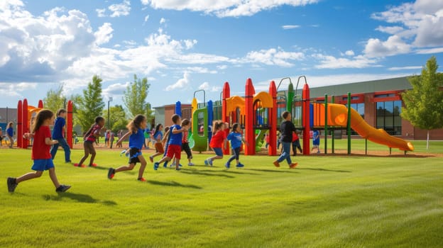 A bunch of kids enjoying their leisure time in a neighborhood playground, surrounded by tall buildings, green grass, trees, and the clear blue sky. AIG41