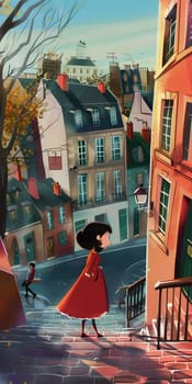 A girl in red dress strolls past buildings with intricate facades in the city. High quality illustration