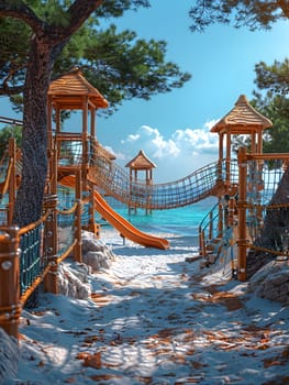 A wooden playground featuring a slide and bridge set against the backdrop of the sky and water, offering leisure and recreation over the ocean
