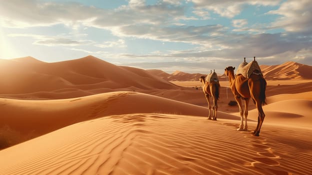 As the golden light of twilight bathes the desert, two camels trek across the soft, undulating dunes, embodying the serene essence of a tranquil evening in the vast sandy landscape - Generative AI