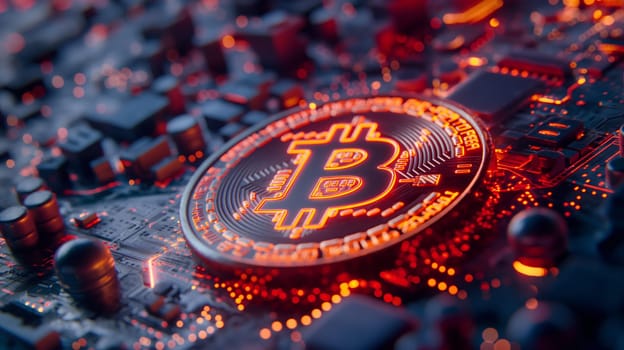 A Bitcoin represents the entrance of cryptocurrencies into the digital economy, sitting on a complex circuit board hinting at advanced technology - Generative AI