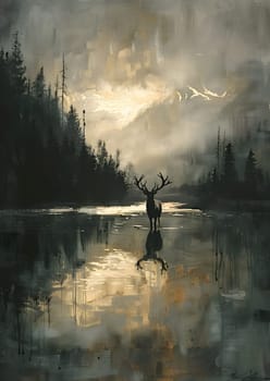 An art piece capturing a deer in the middle of a serene lake at dusk, surrounded by a natural landscape of trees, water, and a colorful sky