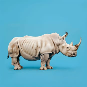 A sculpture of a white rhinoceros, a terrestrial animal, standing on a blue background. The fawncolored creature has a distinctive snout