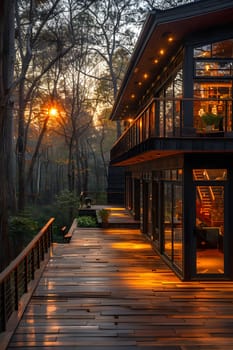 A spacious home with a vast wooden deck surrounded by lush forest, creating a tranquil atmosphere under the evening sky. The natural landscape is enhanced by a variety of plants and tints in the dusk