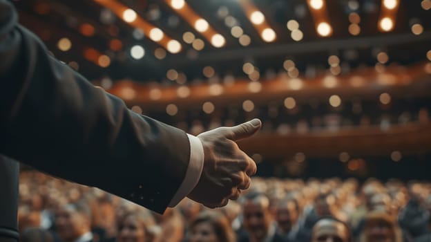 A man in a suit is delivering a speech at an event, making bold gestures while his thumb rests on the metal podium. His font pattern is captivating the crowd