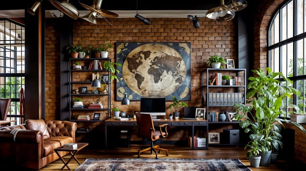 cozy and well-decorated industrial home office space featuring a large vintage map on a brick wall, surrounded by various indoor plants and contemporary furniture - Generative AI