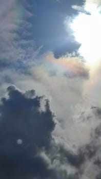 Blue gray light sky nature white clouds whether background, sun face . High quality photo