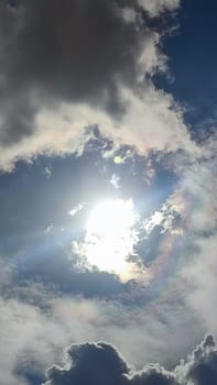 Blue gray light sky nature white clouds whether background, sun face . High quality photo