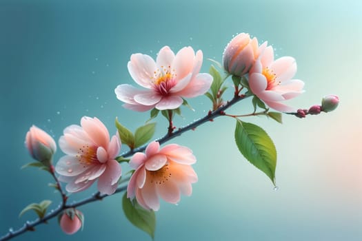 blooming pink peach flowers on a blue background.