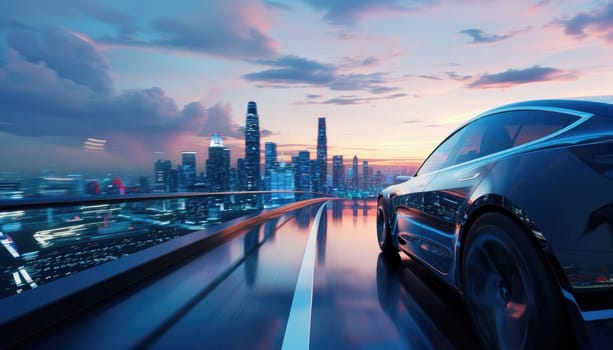 ev car driving on the road against the backdrop of the city.