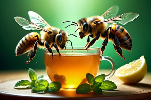 bees carry honey into tea, natural tea with honey.