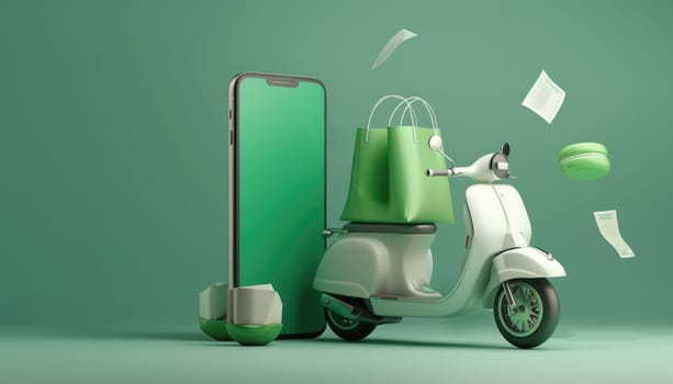Green food bag or box is placed on white motorcycle or scooter. and all on smartphone with green screen and receipt paper by AI generated image.