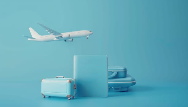 airplane and luggage or baggage floated in front of the passport for air transport media and tourism during high season by AI generated image.