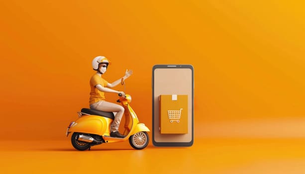 The parcel box and buy icon are placed on the smartphone shop screen and there is a delivery scooter driver by AI generated image.