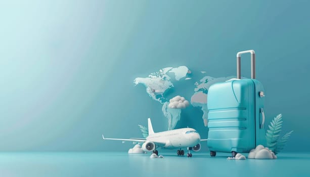 luggage or baggage and planes placed on passport for making advertising media about tourism by AI generated image.