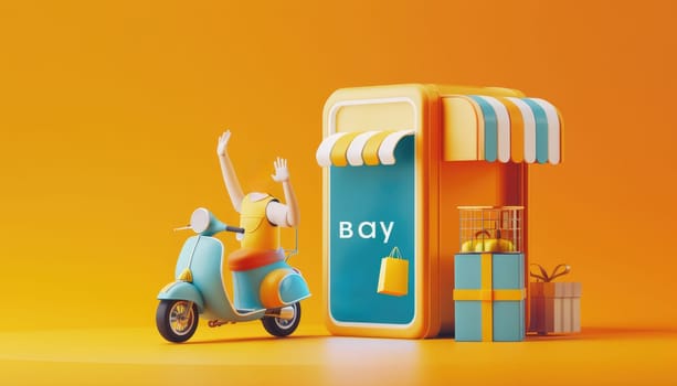 The parcel box and buy icon are placed on the smartphone shop screen and there is a delivery scooter driver by AI generated image.